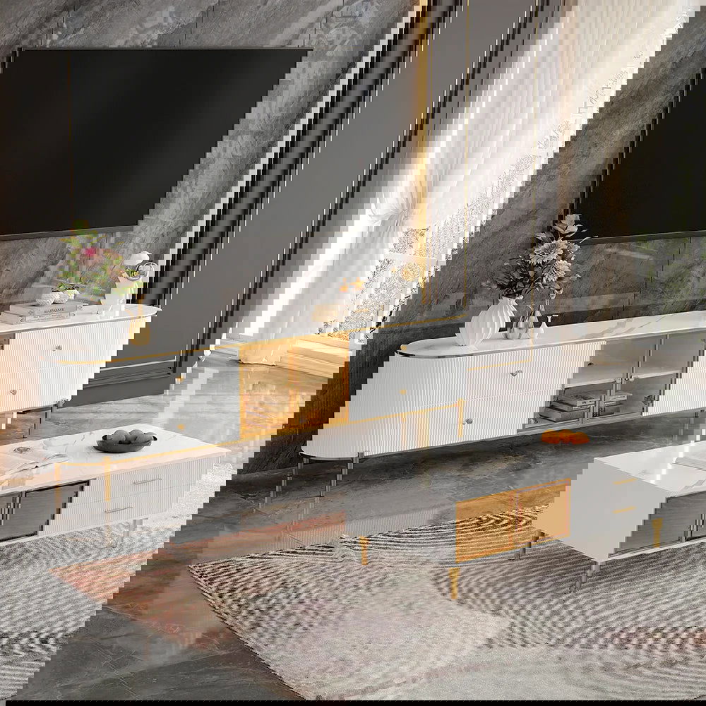 Yelly Modern White TV Stand with Oval Marble Top & Tempered Glass Doors Media Console - 