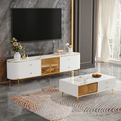 Yelly Modern White TV Stand with Oval Marble Top & Tempered Glass Doors Media Console - 