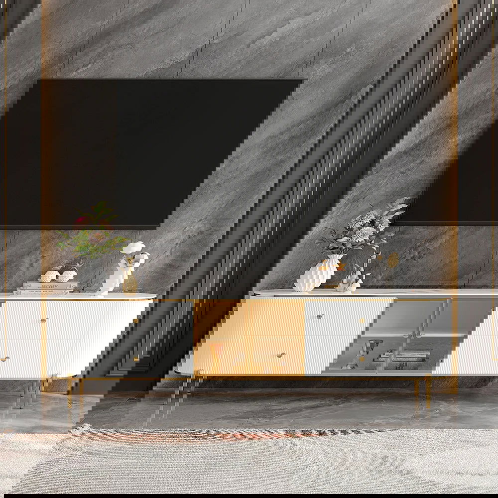 Yelly Modern White TV Stand with Oval Marble Top & Tempered Glass Doors Media Console - Homary