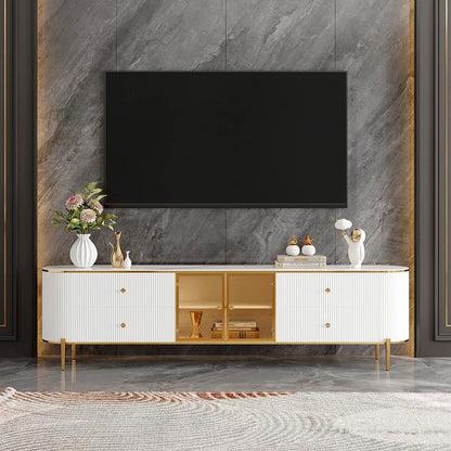 Yelly Modern White TV Stand with Oval Marble Top & Tempered Glass Doors Media Console - Homary