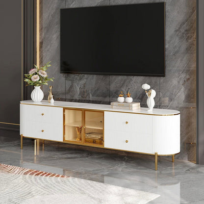 Yelly Modern White TV Stand with Oval Marble Top & Tempered Glass Doors Media Console - Homary