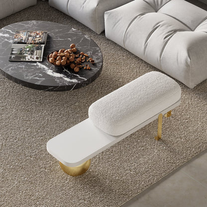 White & Gold Wooden Entryway Bench Boucle Upholstered with Abstract Metal Legs