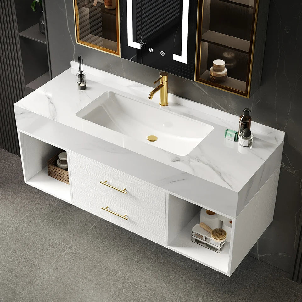 35" Floating Bathroom Vanity with Sintered Stone Vessel Sink with 2 Drawers in White