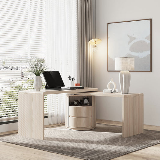 Modern Wash White L Shaped Desk 1 Cabinet & 2 Drawers 1520mm Oak Executive Office Desk