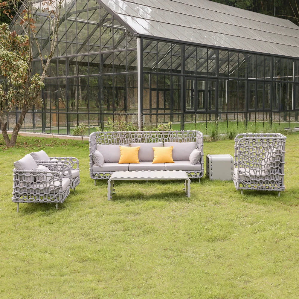 6 Pieces Aluminum & Rope Outdoor Sofa Set with Coffee Table and Cushion Pillow in Gray