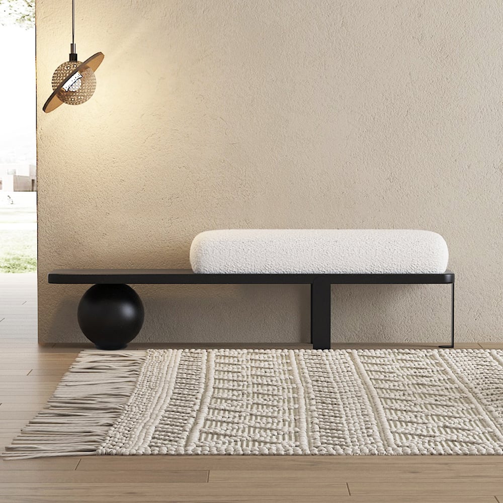 White & Black Wooden Entryway Bench Boucle Upholstered with Abstract Metal Legs