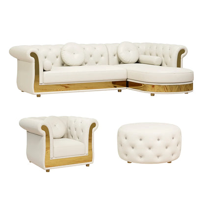 Dodiy Modern L-Shaped White Tufted Corner Sectional Sofa 6-Seater with Ottoman & Pillows