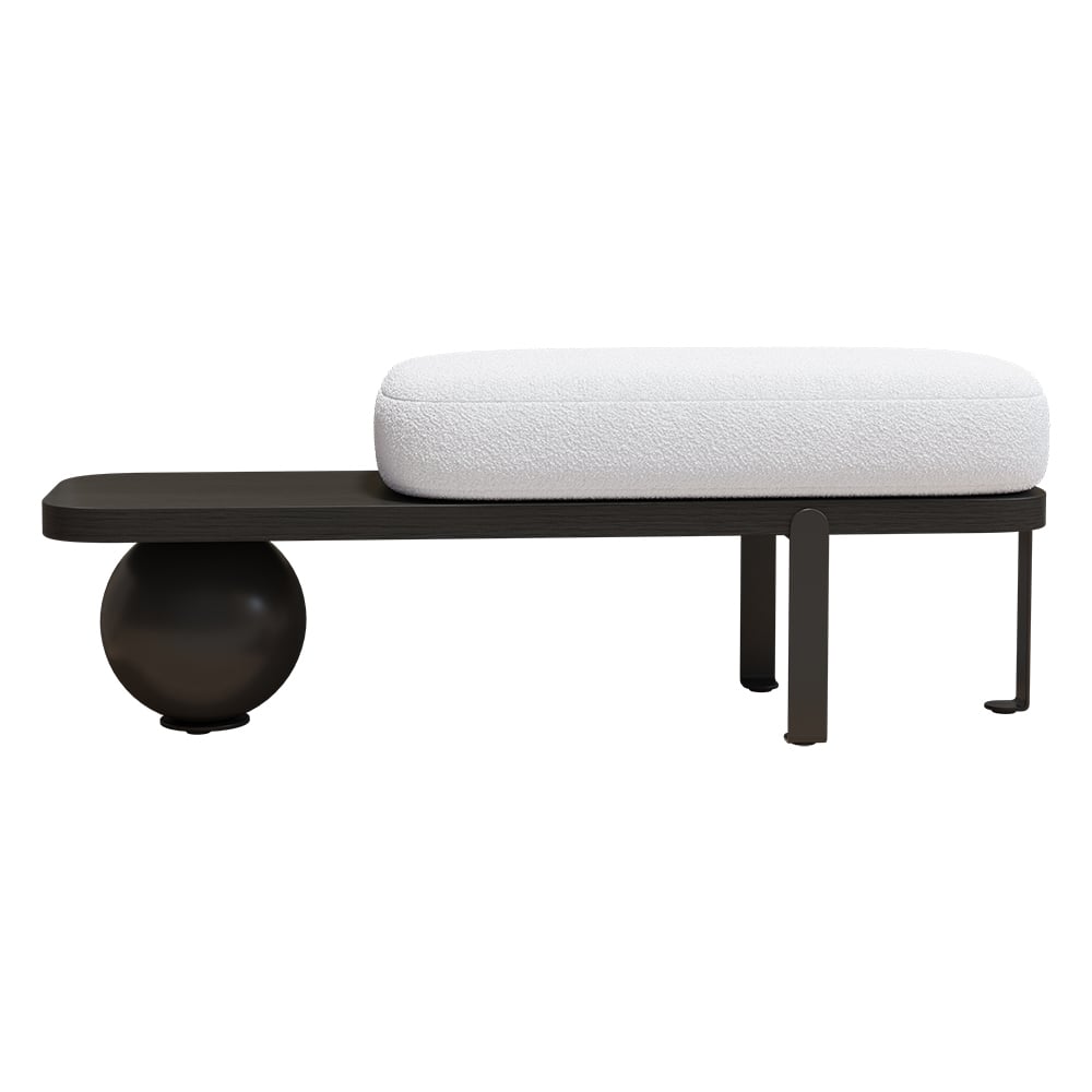 White & Black Wooden Entryway Bench Boucle Upholstered with Abstract Metal Legs