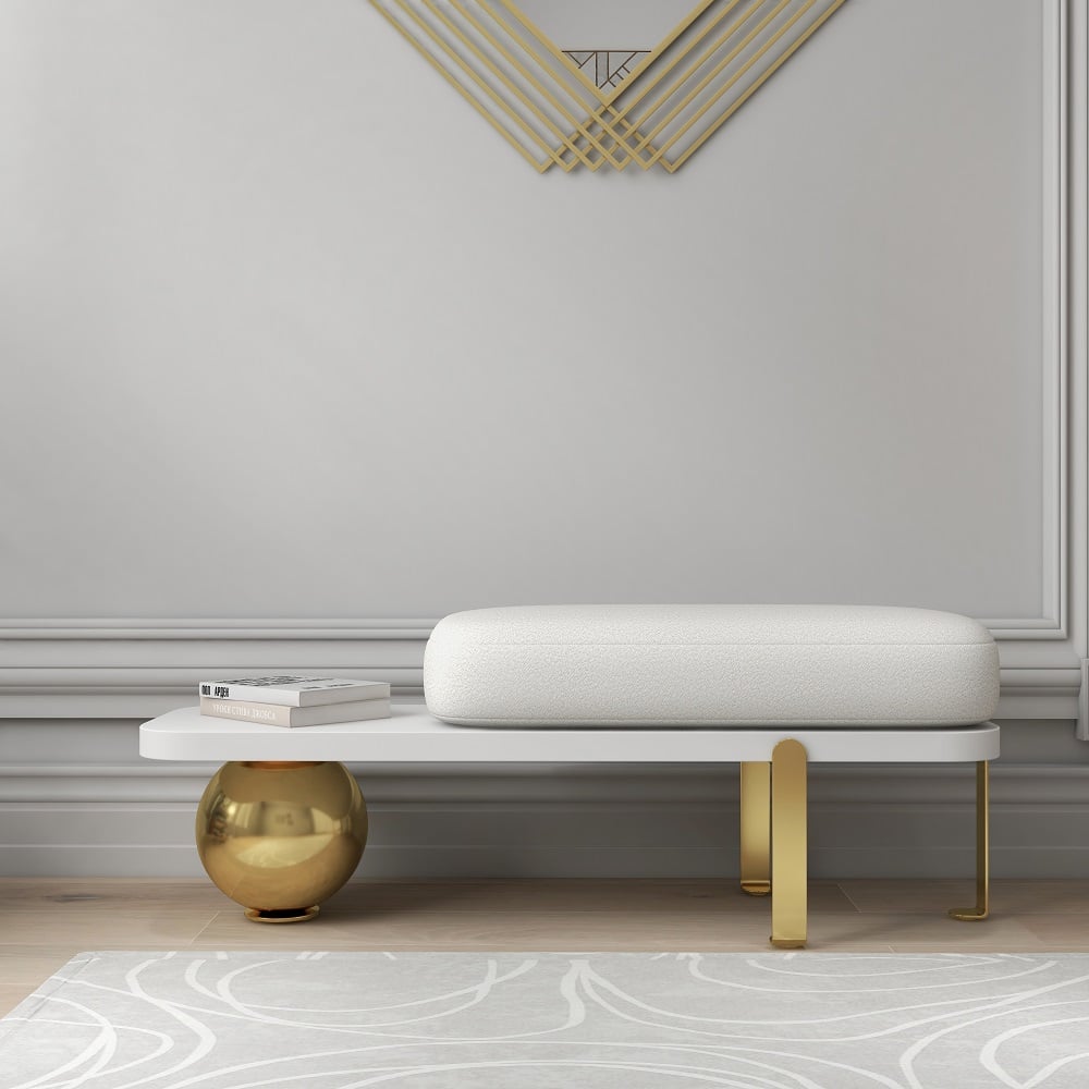 White & Gold Wooden Entryway Bench Boucle Upholstered with Abstract Metal Legs