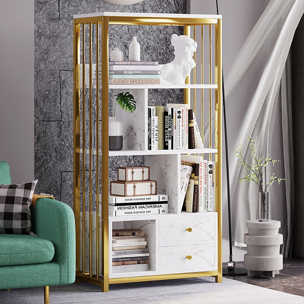 Modern White Bookshelf Wood Book Shelf with 2 Drawers in Gold Metal Frame