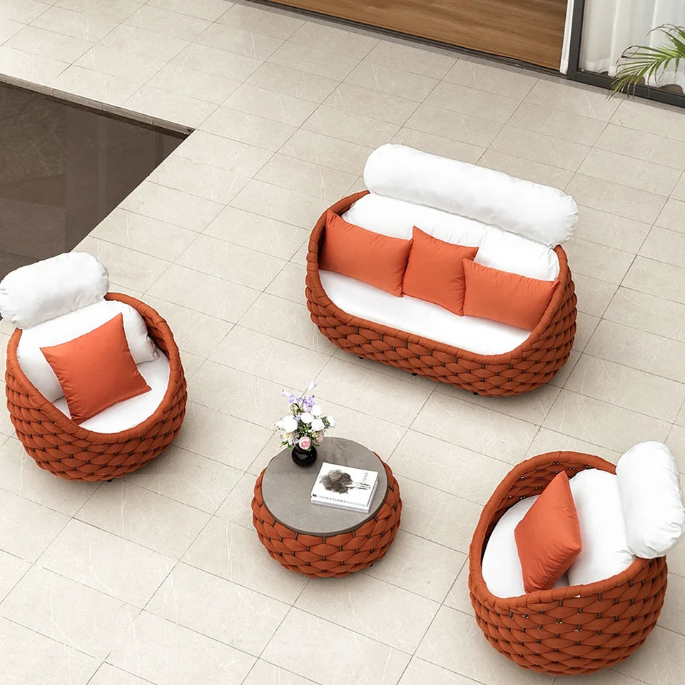 Tatta 4 Pieces Woven Rope Outdoor Sofa Set Faux Marble Top Coffee Table in Brown & White