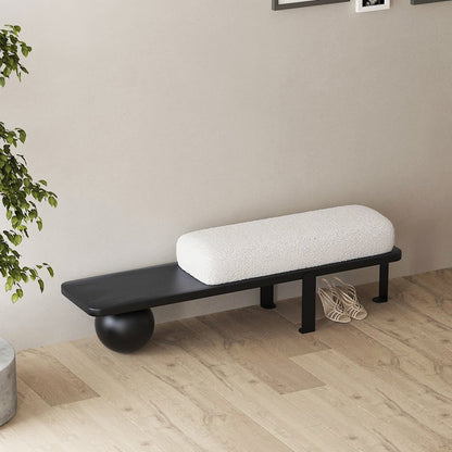 White & Black Wooden Entryway Bench Boucle Upholstered with Abstract Metal Legs