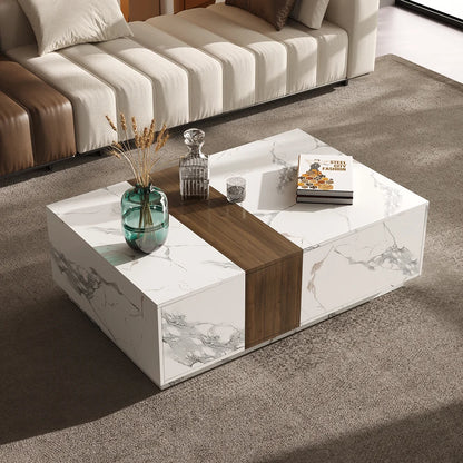 Vewal Modern Wood Block TV Stand Marble & Walnut Veneer in White with 4 Drawers