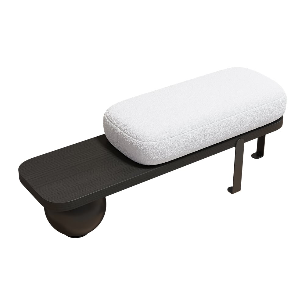 White & Black Wooden Entryway Bench Boucle Upholstered with Abstract Metal Legs