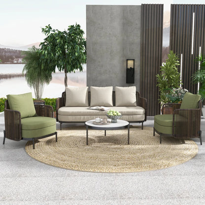 4Pcs Aluminum & Rattan Outdoor Sofa Set with Faux Marble Top Coffee Table Cushion Pillow