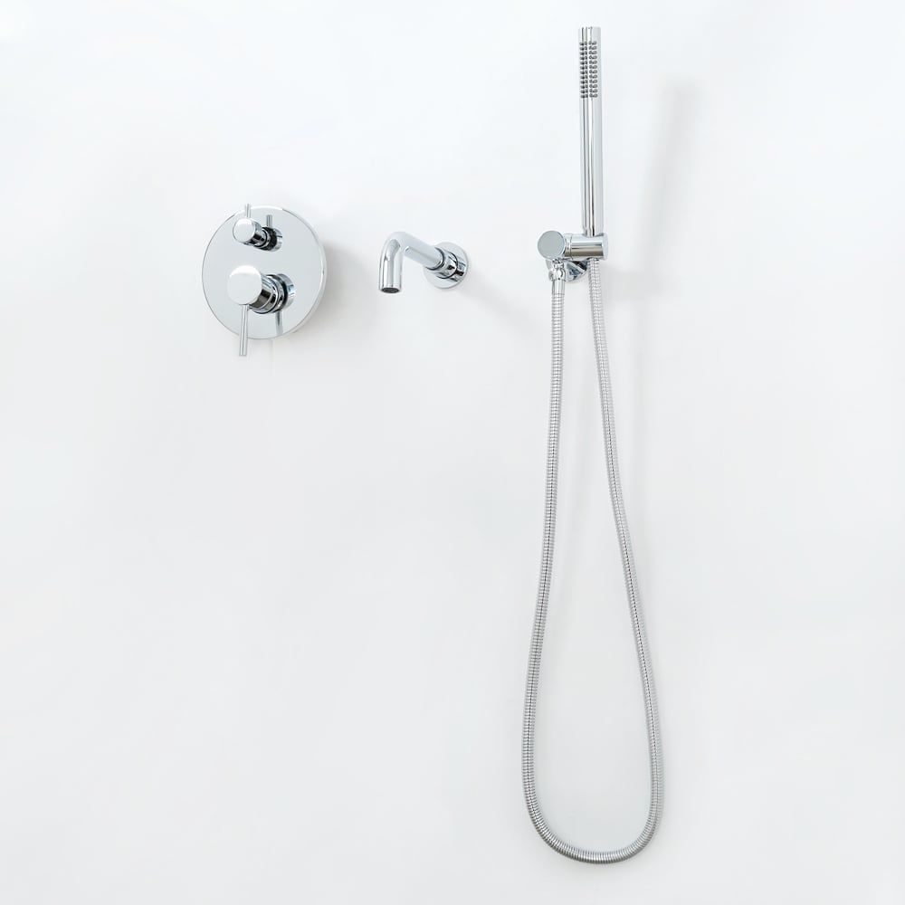 Stev Modern Wall-Mount Swivel Bath Filler Mixer Tap with Handshower in Polished Chrome