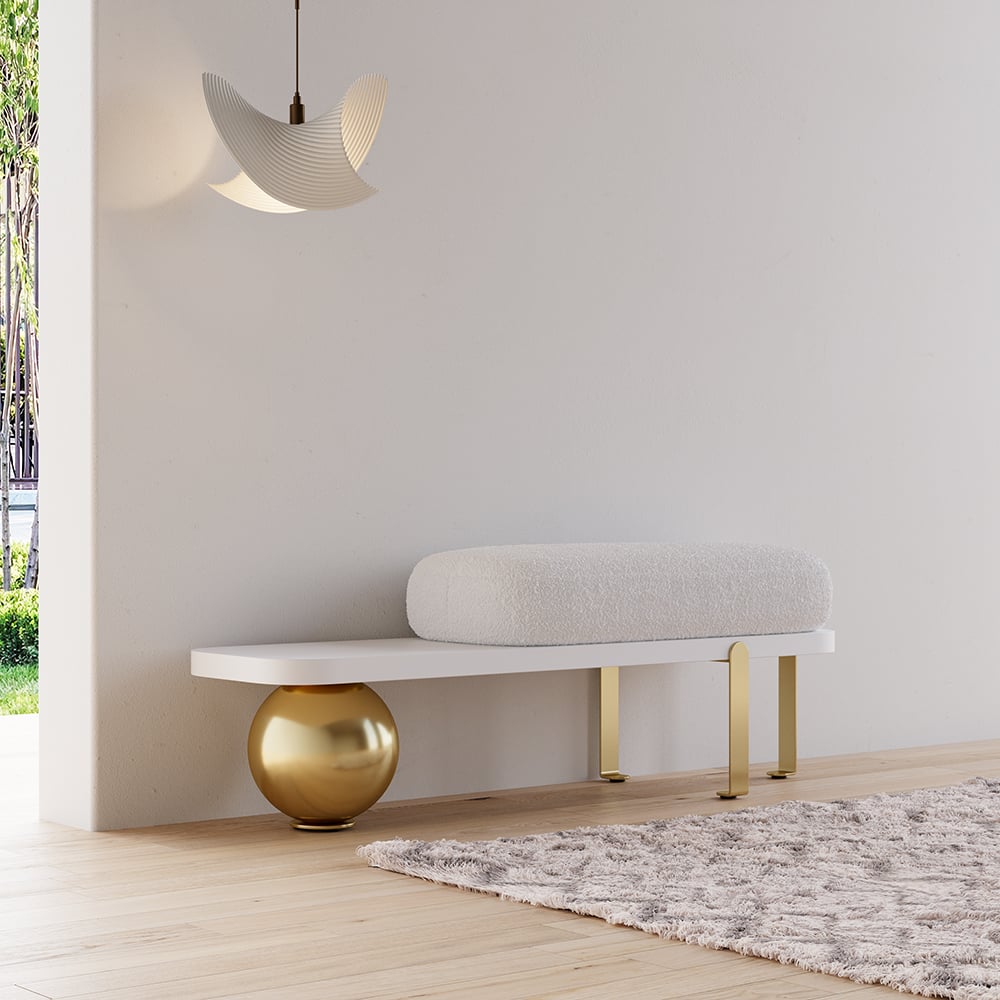 White & Gold Wooden Entryway Bench Boucle Upholstered with Abstract Metal Legs