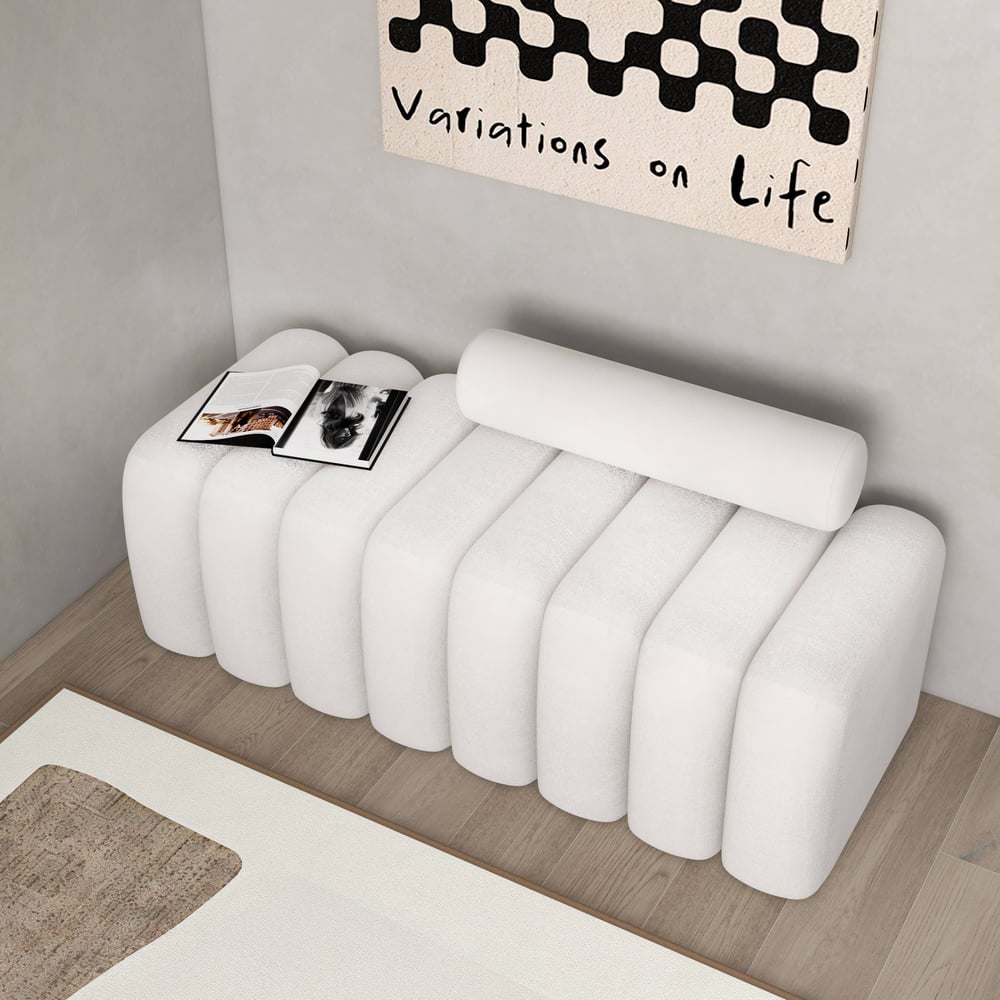 Modern Line Tufted Bench Upholstered Bench with Round Back White