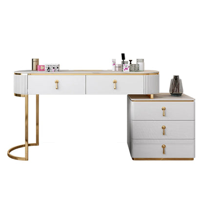 Nordic Makeup Vanity Extendable with 5-Drawer Dressing Table with Stone Top in Champagne